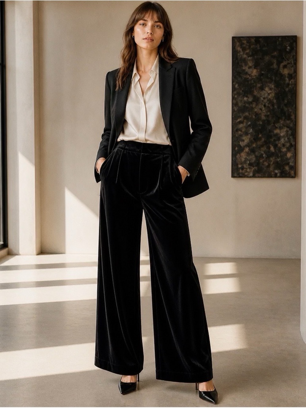 Good American Black Velvet Wide-Leg Trousers